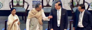 West Bengal CM Mamata Banerjee, Finance Minister Amit Mitra, Pranav Adani Managing Director, Adani Wilmar and Chairman of RP Sanjiv Goenka Group Sanjeev Goenka at Bengal Global Business Summit 2018, in Kolkata, on Wednesday.